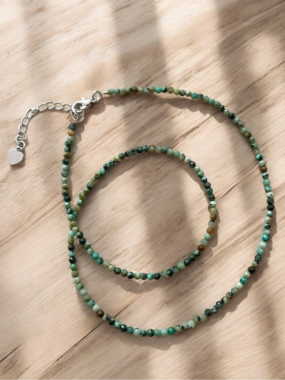 Green African Turquoise Beaded Necklace 2mm Silver